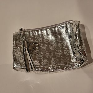 Michael Kors Signature Zip Pouch Clutch Cosmetic Bag Silver Small W/ Bag Bangle